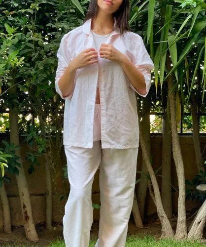 Autumn linen Pyjama in Striped Pink