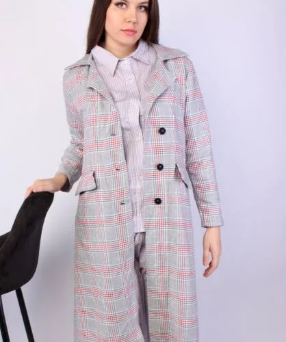 checkered below knee cotton coat - light grey & red
