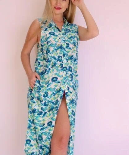 summer sleeveless long shirt - floral blue & green